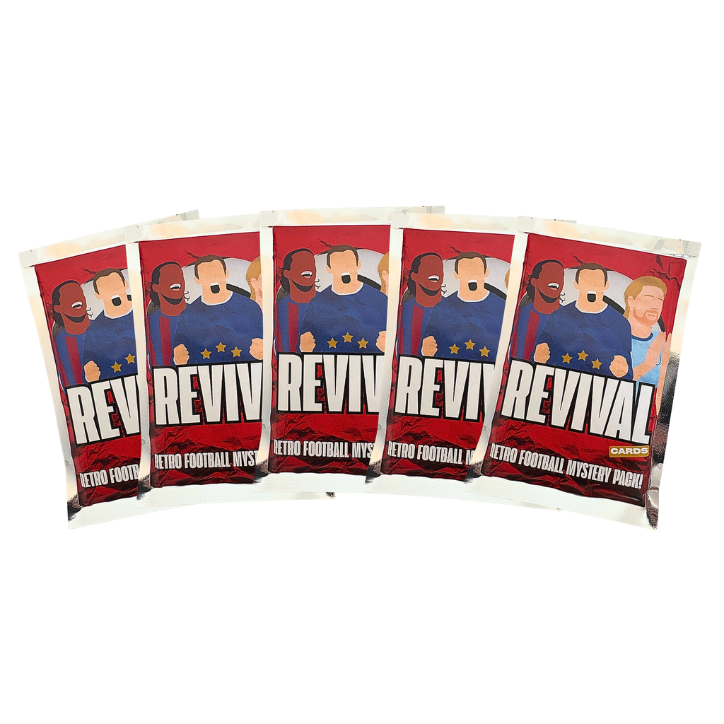 Five packs of Revival Cards with a white background. 